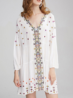 Boho Kleid Besticktes Kleid mit V-Ausschnitt und langen Ärmeln