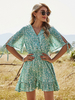 Boho Kleid Mintgrün V-Ausschnitt Halbarm Mit Blumen bedruckt Stretch Plissee Midi Beach Kleid