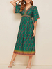 Boho Kleid mit Fransen; V-Ausschnitt; halben Ärmeln; Blumendruck; Stretch-Strandkleid