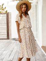 Boho Kleid Orange Stehkragen Kurzarm Polka Dot Mittellanges Sommerkleid