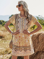 Boho Kleid Plissee Turndown Kragen Kurzarm Bedruckt Light Apricot Stretch Beach Dress