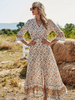 Boho Kleid Plissee V-Ausschnitt Halbarm Mit Blumendruck Leichtes Aprikosen Stretch Sommerkleid