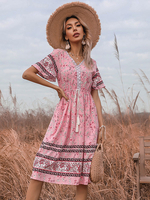 Boho Kleid Plissee V-Ausschnitt Kurzarm Ärmeln Blumendruck Layered Summer Dress