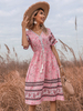 Boho-Kleid Rosa Schnür-Sommerkleid mit V-Ausschnitt und kurzen Ärmeln