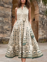 Boho Kleid Schnür Turndown Kragen Ärmellos bedrucktes geknotetes Strandkleid
