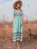 Boho Kleid Schnürung V-Ausschnitt Kurzarm Ärmeln bedruckt Mintgrün geschichtetes Strandkleid