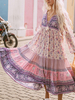 Boho Kleid Schnürung V-Ausschnitt Langarm Bedruckt Unregelmäßiges Strandkleid