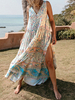Boho Kleid V-Ausschnitt Blumendruck Split Front Knopf Ärmellos Strandkleid
