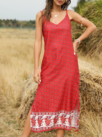Boho Kleid V-Ausschnitt Blumendruck Strandkleid