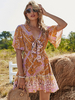 Boho Kleid V-Ausschnitt Halbarm Mit Blumen bedruckt Stretch Plissee Midi Sommerkleid