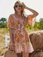 Boho Kleid V-Ausschnitt Halbarm Mit Blumen bedruckt Stretch Plissee Midi Sommerkleid