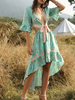Boho Kleid V-Ausschnitt Halbarm Ärmel Blumendruck Layered Beach Kleid