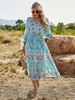 Boho Kleid V-Ausschnitt halbe Ärmel Blumen bedruckte Stretch Plissee Maxi Beach Kleid