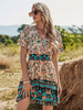 Boho Kleid V-Ausschnitt Kurzarm Bedruckt Stretch Plissee Midi Beach Kleid