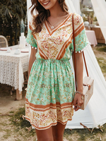 Boho Kleid V-Ausschnitt Kurzarm Bedrucktes Sommerkleid Mit Pom Poms
