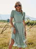 Boho Kleid V-Ausschnitt Kurzarm Ärmel mit Blumenmuster Stretch Plissee Long Beach Kleid