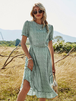 Boho Kleid V-Ausschnitt Kurzarm Ärmel mit Blumenmuster Stretch Plissee Long Beach Kleid