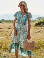 Boho Kleid V-Ausschnitt Kurzarm Ärmeln bedruckte Stretch Plissee Midi Beach Kleid