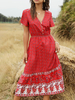Boho Kleid V-Ausschnitt Kurzarm Strandkleid mit Blumendruck