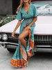 Boho Kleid V-Ausschnitt Kurze Ärmel Bedrucktes Strandkleid
