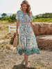 Boho Kleid V-Ausschnitt Kurze Ärmel Blumendruck Oversized Piping Sommerkleid