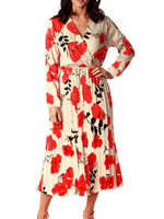Boho Kleid V-Ausschnitt Langarm Blumendruck Sommerkleid