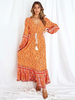 Boho Kleid V-Ausschnitt Langarm Ärmeldruck Schnür Strandkleid