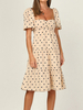 Boho Kleid Vierkantausschnitt Kurzarm Polka Dot Pattern Plissee Knielanges Strandtunika-Kleid
