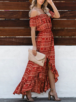 Boho Kleid von der Schulter mit kurzen Ärmeln bedruckte Rüschen Sommerkleid