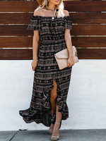 Boho Maxi Kleider aus der Schulter bedruckt Chiffon High Low Kleid
