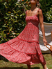 Boho Maxi Kleider Red Floral Printed Frauen Strandkleid
