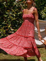 Boho Maxi Kleider Red Floral Printed Frauen Strandkleid