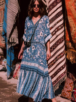 Boho Maxikleid 2021 V-Ausschnitt Halbarm Gedruckt Blau Sommerkleid