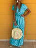 Boho Maxikleid Blau V-Ausschnitt Kurzarm Polka Dot Lange Kleider
