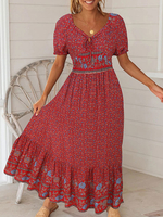 Boho Maxikleid Kurzarm Strandkleid mit Blumendruck