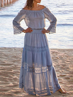 Boho Maxikleid Spitze Off-The-Shoulder Langarm Langarm Übergroßes Langkleid