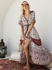 Boho Maxikleid V-Ausschnitt halbe Ärmel Tasten bedrucktes Sommerkleid
