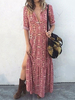 Boho Maxikleider Roter Juwelenhals Lange Ärmel Bedruckte Knöpfe Langes Kleid
