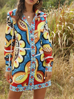 Boho-Shirt-Kleid mit Blumenmuster Knopf Etuikleider