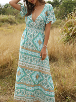Boho Sommer-Kleid mit V-Ausschnitt mit kurzen Ärmeln-Strand-Kleid