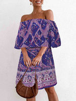 Boho Sommerkleid aus der Schulter mit halben Ärmeln Paisley Print Beach Dress