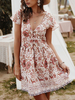 Boho Sommerkleid Light Apricot V-Neck Printed Buttons Kurzes Strandkleid