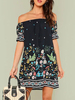 Boho Sommerkleid Schwarz Schulterfrei Kurzarm Strandkleid mit Print