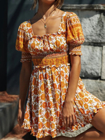 Boho Sommerkleid Square Neck Floral bedrucktes rückenfreies Strandkleid aus Baumwolle