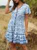Boho Sommerkleid V-Ausschnitt Kurzarm Strandkleid mit Kordelzug