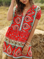 Boho Strampler Shorts Print Kurzarm Lose Bein Spielanzug