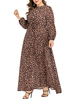 Braune Maxikleider Damen Jewel Neck Langarm Leopardenmuster Schnüren Langes Kleid