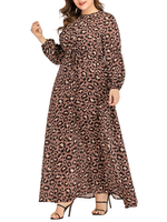 Braune Maxikleider Damen Jewel Neck Langarm Leopardenmuster Schnüren Langes Kleid
