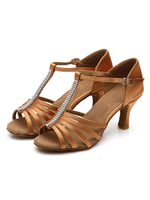 Braune Tanzschuhe Satin Open Toe Strasssteine T Typ Latin Dance Schuhe