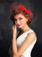 Braut Hochzeit Kopfbedeckungen Fascinator Hut rot Bowknot Vogelkäfig Schleier
